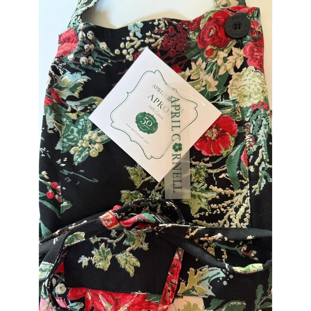 April Cornell Chef Apron Christmas Merry Black French Country Floral 100% Cotton